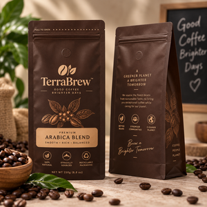 TerraBrew Premium Arabica Blend Coffee Beans 250g Recyclable Resealable Stand <b>Pouch</b> Zipper Top Laminated Packaging Ethically - Product Image 1