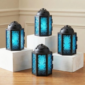Moroccan Style Iron <b>Lantern</b> With Embossed Blue Glass Panels For Home Decoration - Product Image 1