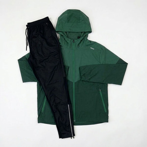 Unisex Contrast Forest Green <b>Black</b> 2 Piece Hooded Windbreaker Jacket Track <b>Pants</b> Set Lightweight Athletic Sportswear Running - Product Image 1