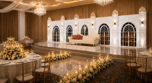 Elegante Decoración de Escenario para Boda de Estilo Victoriano Blanco, Decoración de Escenario para Boda Maharaja con Ventanas Arqueadas y Detalles Florales - Product Image 2