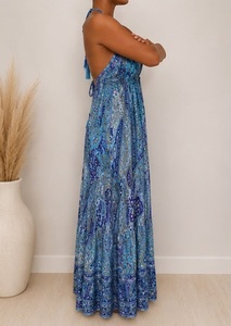 Women's Dark Blue Paisley Print Boho <b>Halter</b> Maxi <b>Dress</b> Sleeveless Regular Fit <b>Summer</b> Casual Woven Chiffon 100% Silk Quick Dry - Product Image 3