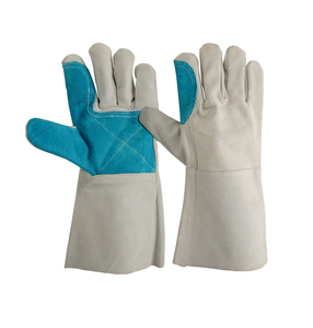 Leather Welding <b>Gloves</b> with Cotton Lined Blue Palm Reinforcement Inset Thumb Gray Cuff for TIG MIG Use - Product Image 1