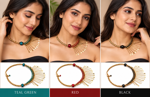 Collier statement fait main style bohème avec motif soleil doré |   Collier vintage en perles de verre turquoise et laiton pour femmes - Product Image 2