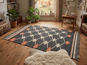 Tapis géométrique Kilim fait main tufté rectangulaire en laine tissée plate avec envers en latex réversible pour salon, écologique, à poils moyens - Product Image 5