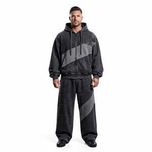 Conjunto de chándal de dos piezas con sudadera con capucha extragrande con cremallera y pantalones de chándal de pierna ancha con patchwork, estilo lavado personalizado - Product Image 1