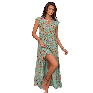 Vestido Maxi Floral con Corte en A para Mujer, Vestido de Manga Corta con Lazo Delantero - Product Image 2