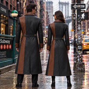 <b>Mens</b> Two Tone <b>Brown</b> Black <b>Leather</b> Coat Double Breasted Button Front <b>Jacket</b> - Product Image 4