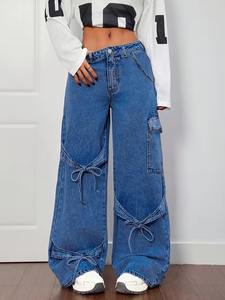 Jean en denim taille haute pour femme, bleu foncé moyen, coupe large, décontracté, avec bretelles à nœud, style cargo streetwear - Product Image 5
