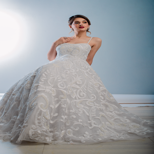 Luxury White Embroidered Ball Gown Wedding Dress | Sleeveless <b>Spaghetti</b> <b>Strap</b> Bridal Gown Elegant Designer Women Wear Fit India - Product Image 3