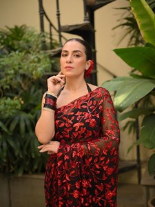 2026 Luxury Black <b>Red</b> Floral Sequin Net Faux Georgette <b>Saree</b> for Women Summer Designer Party Wear Wedding Reception Cocktail - Product Image 1