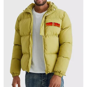 Latest Design Men's Trendy <b>Yellow</b> Hooded <b>Puffer</b> <b>Jacket</b> Customized Warm Quilted Winter Coat with Snap Closure and Drawstring Hem - Product Image 1