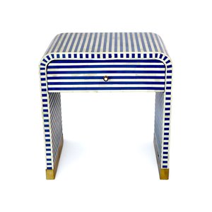Modern Blue Bone Inlay Square Side Wardrobe and Table With Striped Design And Brass Feet Lacquer Finish Furniture For Living - Product Image 4