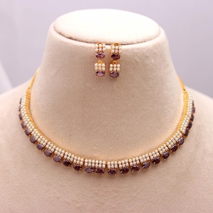 Luxury <b>Necklace</b> Set Brass 22K Gold Plated Oval Tanzanite Pearl Bridal Party Wear Jewelry Adjustable Length for Women - Product Image 2