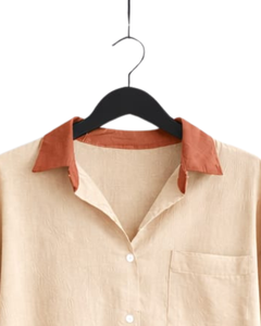 Conjunto de pijama de lino y algodón para mujer, color beige y rojo óxido, camisa con botones y bolsillo en el pecho y pantalones con cordón, ropa de dormir informal - Product Image 6