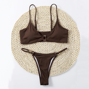 Ensemble bikini côtelé marron pour femme, haut triangle croisé à nouer, bas string, maillot de bain 2 pièces extensible et tendance - Product Image 5