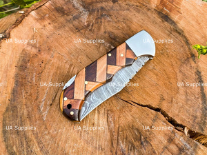 Cuchillo Plegable Táctico de Acero de Damasco de Grado Industrial con Mango de Madera y Punta Recta, Personalizable OEM ODM - Product Image 4