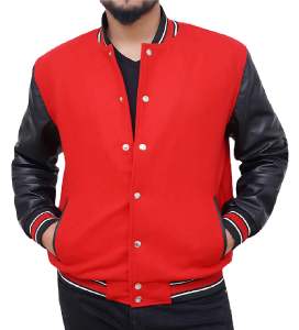 Blouson universitaire en toile personnalisé avec logo pour homme, en laine douce, col montant côtelé, fermeture éclair, respirant, coupe ajustée, avec doublure en fourrure de mouton - Product Image 1