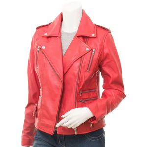 Women's Red PU Leather Moto Jacket With Zipper Closure And Pockets Autumn Style - Product Image 2
