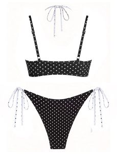 Conjunto de Bikini de Mujer con Estampado de Puntos, Traje de Baño de Dos Piezas con Tiras Laterales y Bloques de Color, Venta al Por Mayor OEM - Product Image 2