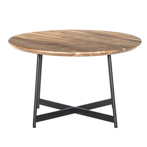 Table basse moderne industrielle ronde en bois d'acacia massif, finition blanchie naturelle et structure en fer noir, durable, pour la maison ou le bureau - Product Image 1