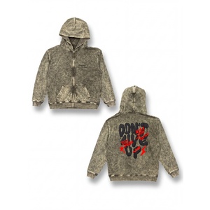 Sweat à capuche zippé vintage délavé pour homme, coupe oversize, brodé, style streetwear décontracté avec poche kangourou - Product Image 3