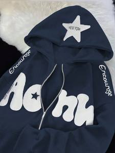 Women's Hooded Zip-Up Sweatshirt Dark Blue Letter Print <b>Star</b> Logo Casual Autumn Wear 100% Cotton Knitted <b>Fabric</b> - Product Image 1