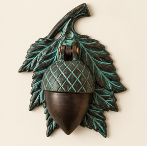 Timbre para Puerta con Diseño de Hoja de Roble y Placa Trasera Texturizada con Acabado Verdigris, Herraje Decorativo Inspirado en la Naturaleza - Product Image 5