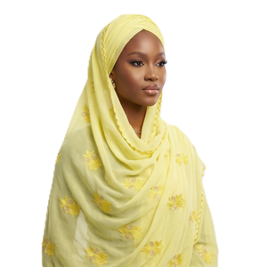 Wholesale <b>Chiffon</b> Floral Embroidered Rhinestone Hijab <b>Scarf</b> Women Soft Lightweight Breathable Long Shawl Head Wrap - Product Image 1