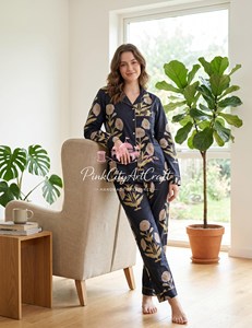 Premium Navy Blue Hand Block Printed Cotton Summer Night <b>Suit</b> Set Women Full-Sleeve Button-Down Shirt Straight-Fit <b>Pyjamas</b> - Product Image 6