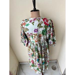 Vestido midi bohemio de algodón puro con estampado a mano para mujer, con cuello con borlas y mangas abullonadas, vestido floral de verano - Product Image 4
