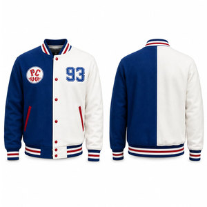 Veste universitaire bleue et blanche pour homme, style preppy, patchwork brodé, blocs de couleur sur le devant, col rabattu, coupe classique - Product Image 1