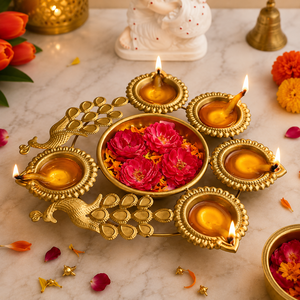 Premium <b>Metal</b> Urli <b>Bowl</b> 6 Attached Diyas Handmade Christmas Home Decor Tea Light Holder Lid Floral Floating Pooja - Product Image 4