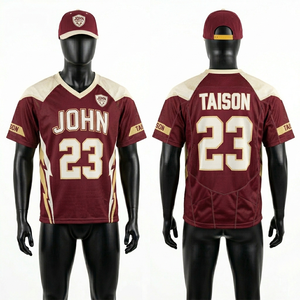 เสื้อลาครอสชาย 180 GSM ผ้าโพลีเอสเตอร์ตาข่ายระบายอากาศ สีแดงเลือดหมู แต่งแผงสีทอง ออกแบบโลโก้ด้วยความร้อนตามสั่ง เสื้อลาครอสชาย - Product Image 1