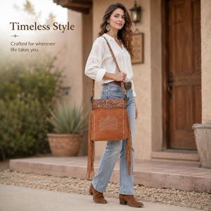Bolso bandolera de cuero genuino de gamuza occidental con flecos de cuero floral grabados a mano, correa ajustable, elegante bolso de moda para mujer. - Product Image 2
