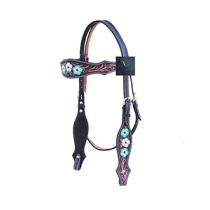 Western Black <b>Leather</b> Horse Headstall and Breast Collar Set with Turquoise Floral Inlay Tooled Tack Gear - Product Image 3