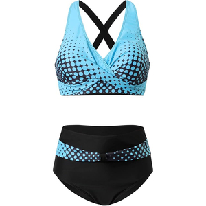 Women Bikini Set Blue Dot Print Plunge Neck Twist Top High Waist Bottom Swimwear Two Piece Beachwear - Product Image 3