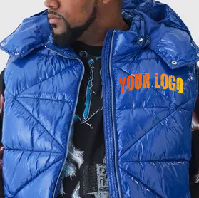 Chaleco Acolchado Azul con Capucha para Hombre, Cierre de Cremallera, Resistente al Viento, Grueso, Informal, para Invierno, con Logotipo Frontal, Color Sólido, Venta al Por Mayor - Product Image 2