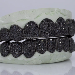 Whole Black Customized Grillz in <b>Silver</b> 925 with Black Plating and Black Colored Moissanite Diamonds Unisex Black Dental Grillz - Product Image 2