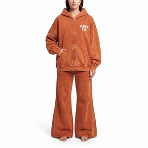 Custom Acid Wash Solid Rust Color Full Zip Hoodie Distressed Relaxed Fit Flared <b>Wide</b> <b>Leg</b> <b>Jogger</b> Tracksuit For Women - Product Image 2