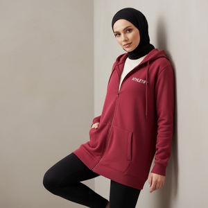 เสื้อฮู้ดกีฬาสำหรับผู้หญิงมุสลิมทรงยาวแบบมีซิป ผ้าเฟรนช์เทอร์รี่ ป้องกันรังสียูวี 50+ เป็นมิตรต่อสิ่งแวดล้อม ทรงหลวมสบาย - Product Image 1
