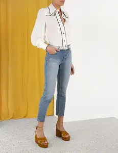 Jeans de Mujer a la Moda, Cintura Media, Corte Recto, Casuales, con Efecto Levanta Glúteos, 100% Algodón, Material Elástico, Secado Rápido, Color Personalizado - Product Image 6