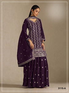 Ensemble Designer Top Palazzo Sharara Dupatta en Chinon Lourd avec Broderie de Sequins et de Zari Très Riches - Product Image 1