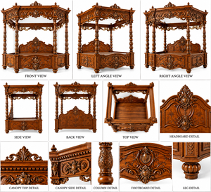 Cama de Madera Tallada Estilo Barroco Vintage, Cama de Cuatro Postes de Madera de Teca de Lujo, Cama King Size, Juego de Dormitorio Maharaja de Madera Sólida, USA - Product Image 6