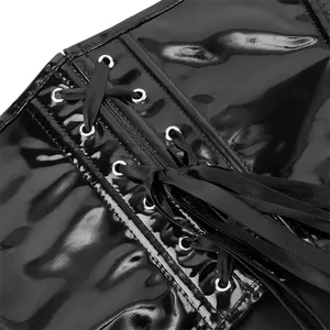 Corset noir en cuir verni pour femme, à lacets au dos, en PVC brillant, style gothique, sous-poitrine, amincissant et sculptant, ensemble robe d'Halloween - Product Image 6