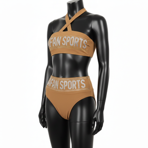 ชุดบิกินี่ไนลอนสแปนเด็กซ์ GSM คุณภาพสูง สีน้ำตาลอ่อน เนื้อผ้ายืดหยุ่นเรียบ ประดับด้วยคริสตัล  รับสกรีนโลโก้ตามแบบ ชุดบิกินี่สำหรับผู้หญิง - Product Image 4