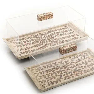 Support à gâteau moderne décoratif en nacre, plateau en coquillages à motifs floraux avec bouclier transparent, idéal pour les tables de desserts - Product Image 4
