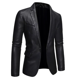 Men Black Leather <b>Blazer</b> Single Breasted Regular Fit Full Length Sleeve - Product Image 4
