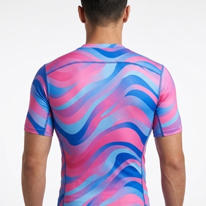 T-shirt de compression à manches longues pour homme, imprimé vague bleu rose, pour la gym, le fitness, la course, vêtement de sport performant, couche de base athlétique - Product Image 2