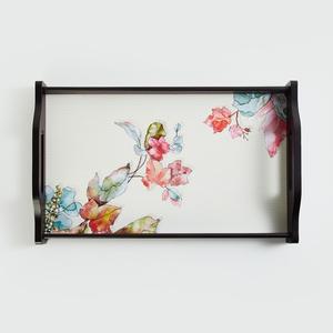 Plateau décoratif à imprimé feuilles botaniques d'automne, plateau de service en bois finition noire avec poignées courbées pour commande en gros - Product Image 1