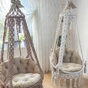 Macrame Round <b>Swing</b>,<b>Hammock</b> Chair, Wooden Beaded Macrame <b>Swing</b>,Outdoor <b>Swing</b> Set - Product Image 1